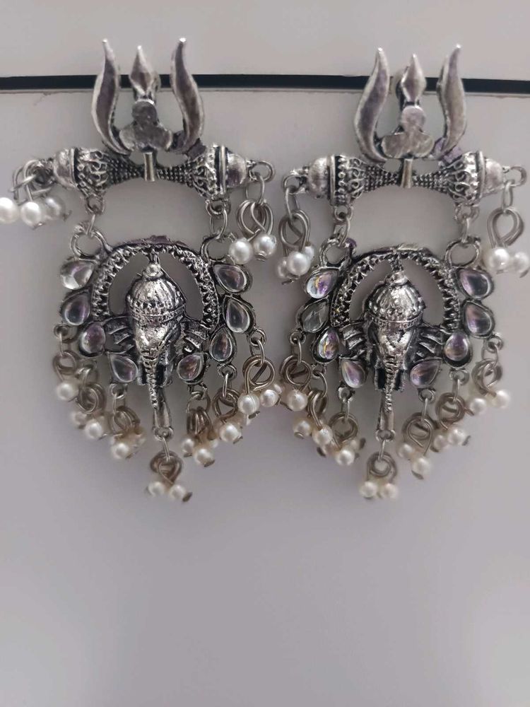 Elephant &amp; Trishul Silver Earrings