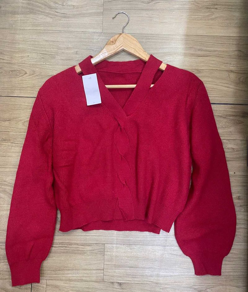 Red V-Neck Cutout Sweater Top