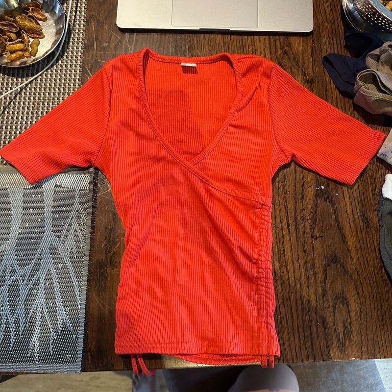 Red Ribbed Wrap Top