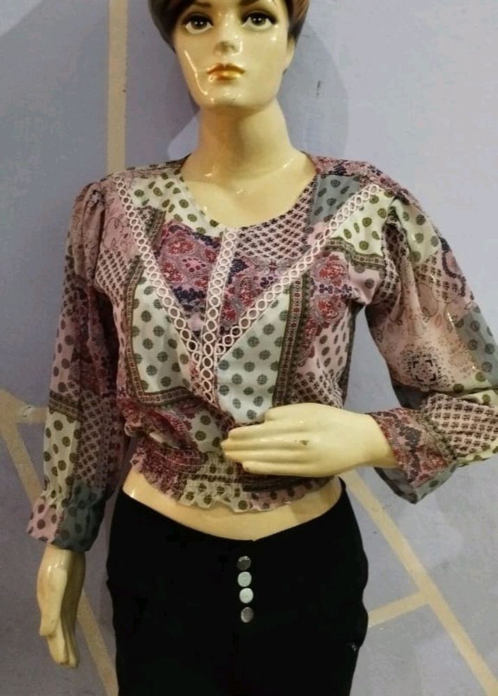 Beautiful Printed Pink Crop Top With Elastic Waist