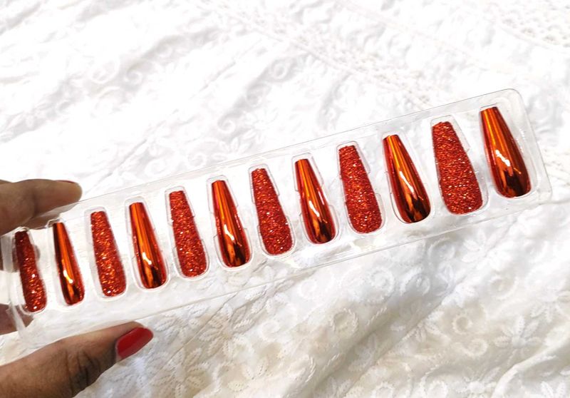 Fake Nails Red And Glitter