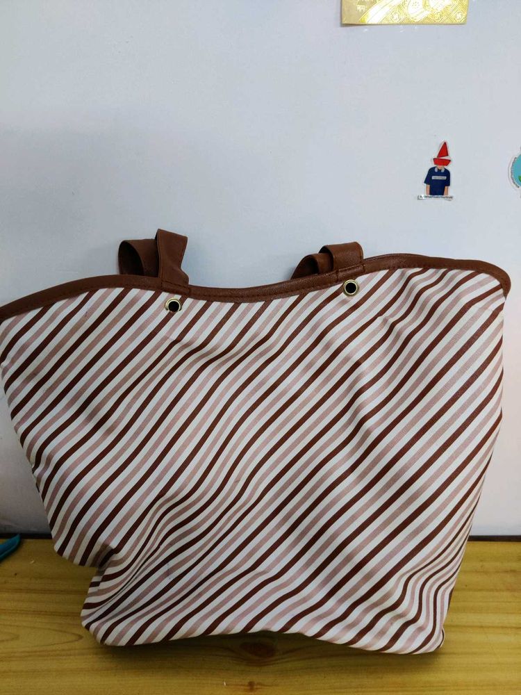 Brown &amp; White Striped Tote Bag