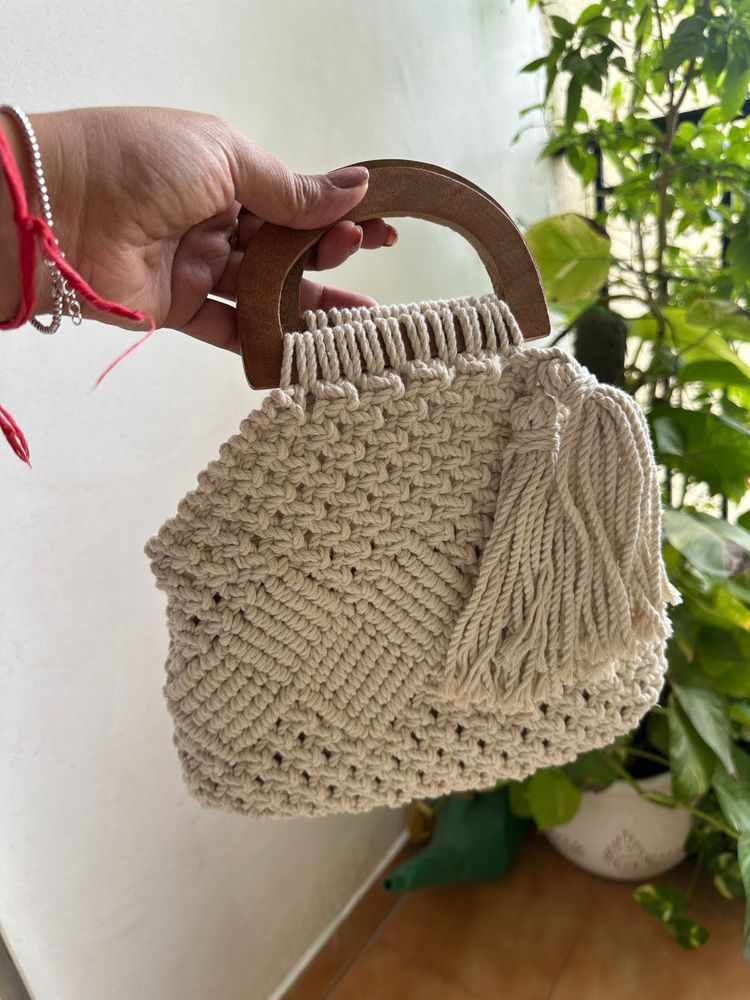 Macrame Handbag with Wooden Handle