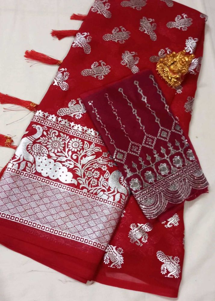 Never Used New Silver Foil Printed Fancy Saree🌹🌹