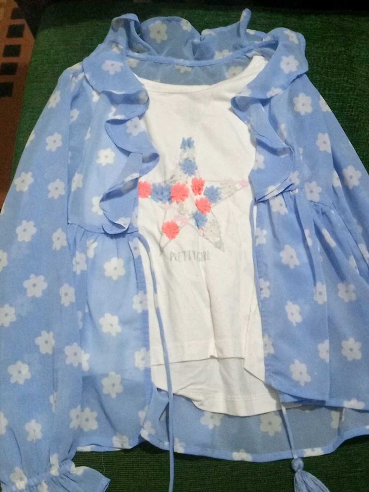 Cute Blue Floral Top and Tee Set