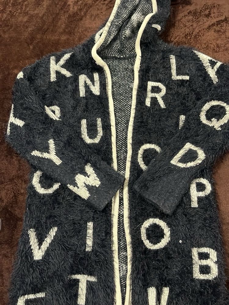 Letter Print Fuzzy Cardigan