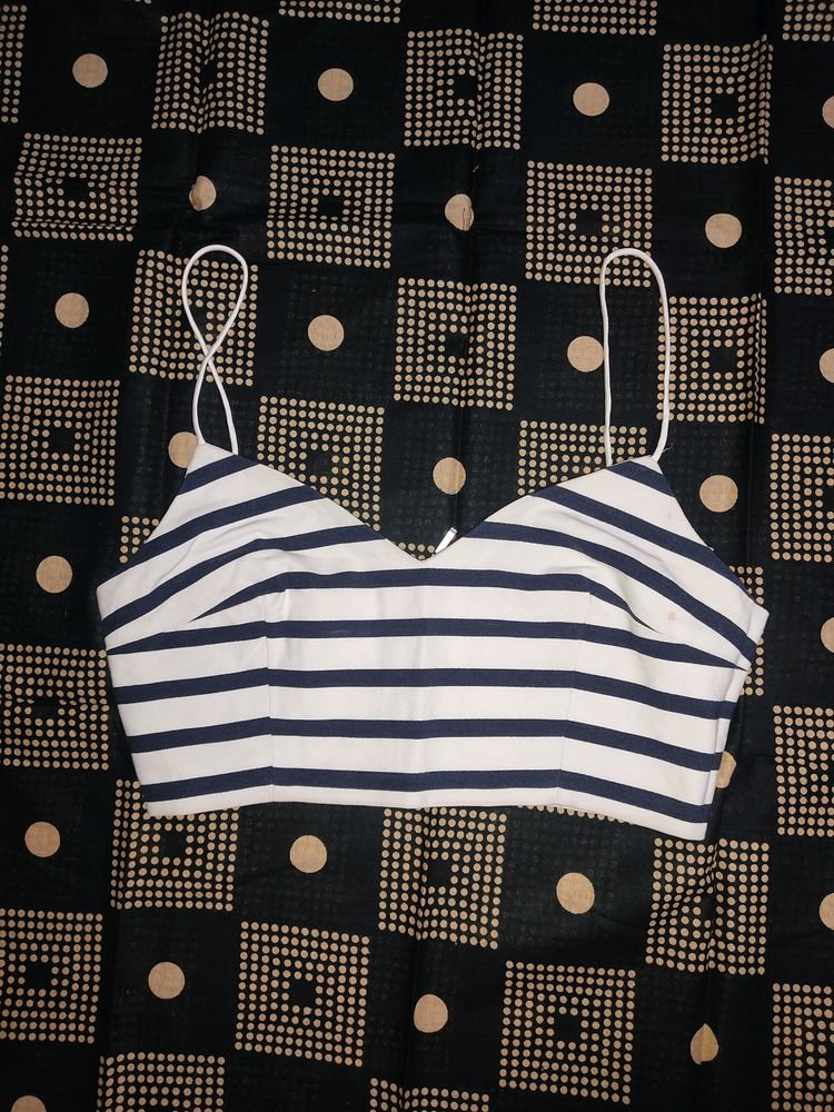 blue and white striped, bra style crop top