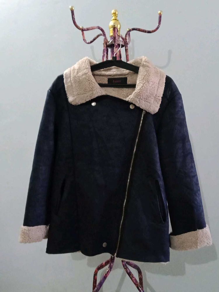 Navy Blue Suede Shearling Jacket