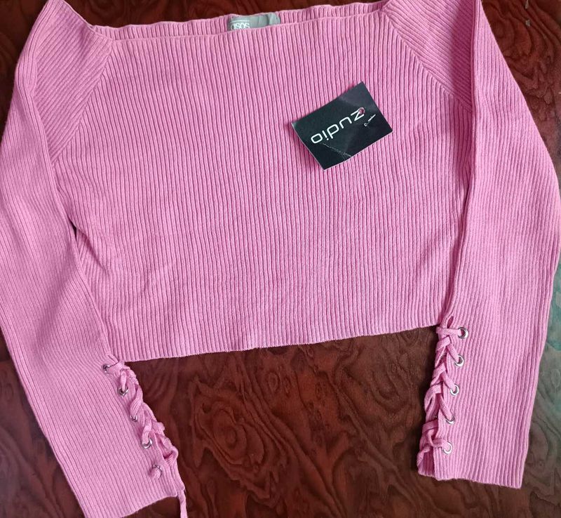 ASOS Pink Ribbed Lace-Up Crop Sweater