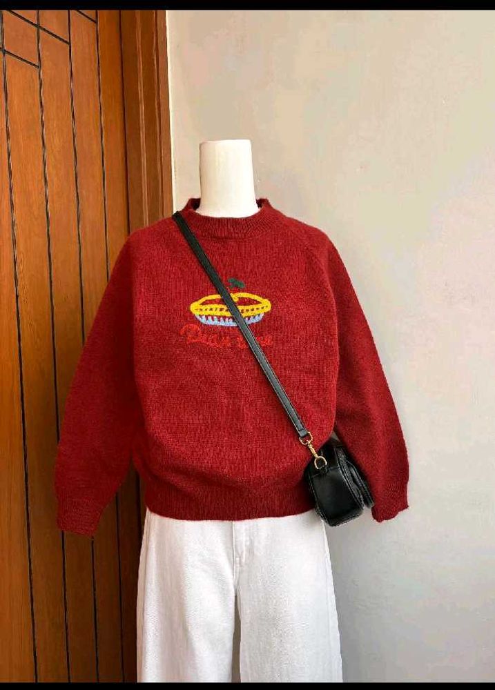Cute Embroidered Red Pullover
