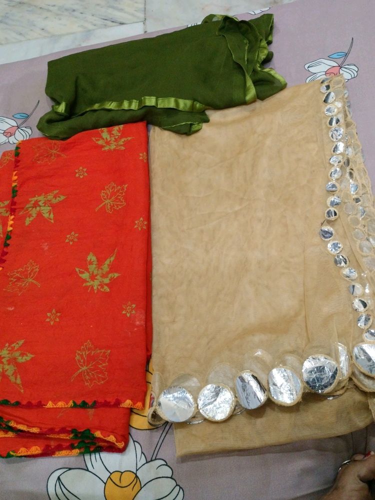 The Combo Of Three Dupattas Orange,Green And Skin Colour Dupatta
