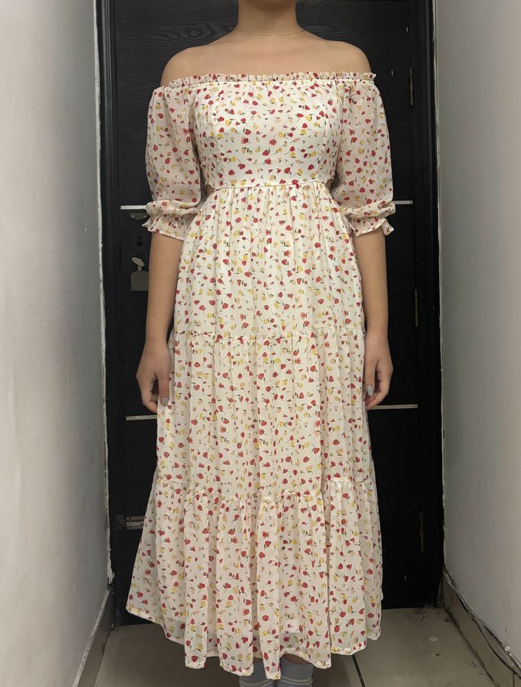 White Floral Short Sleeve Long Dress