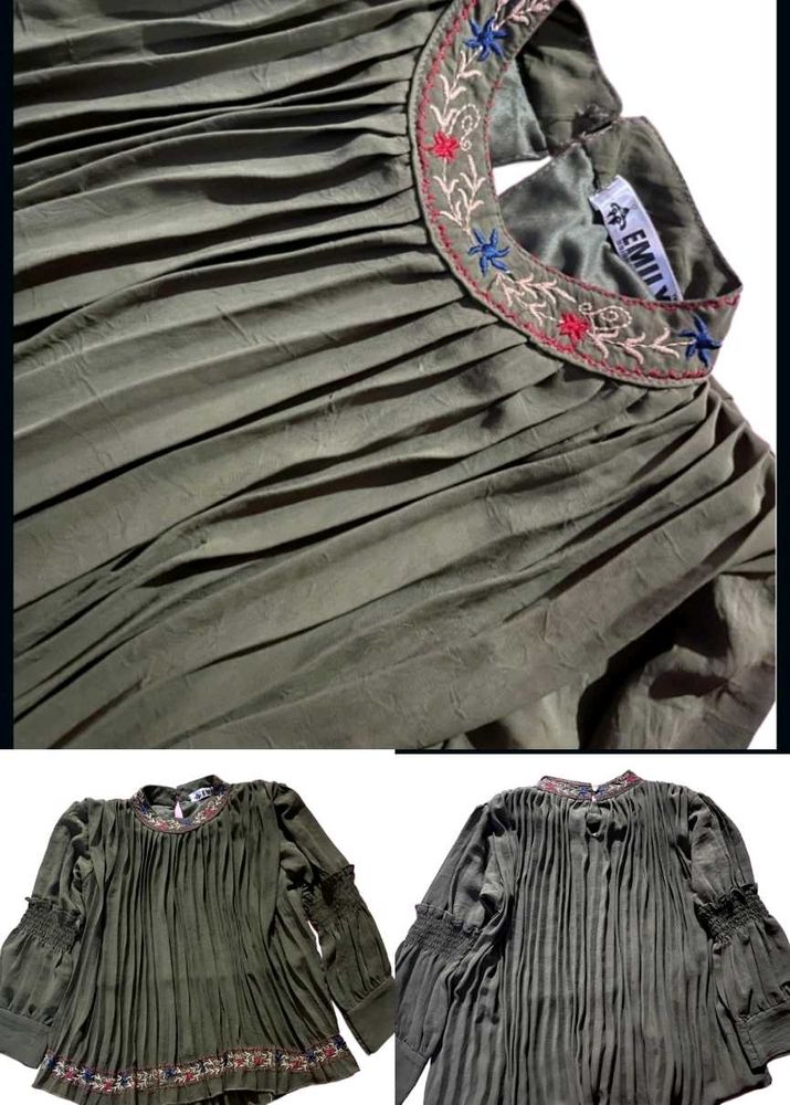 Olive Green Embroidered Stylish Top  10 year Girl