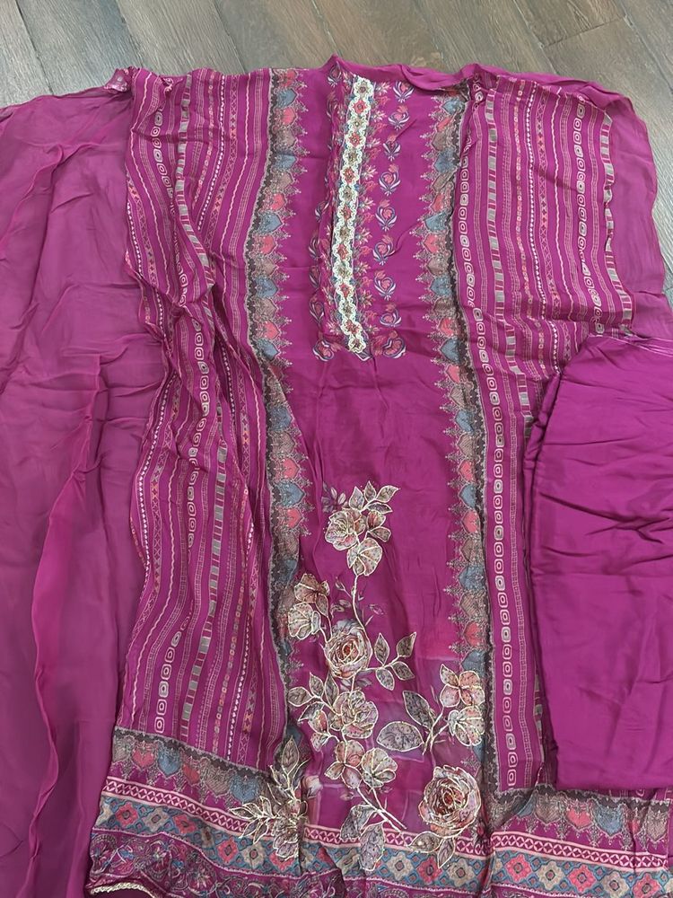 Magenta Floral Print Salwar Kameez Without Dupatta