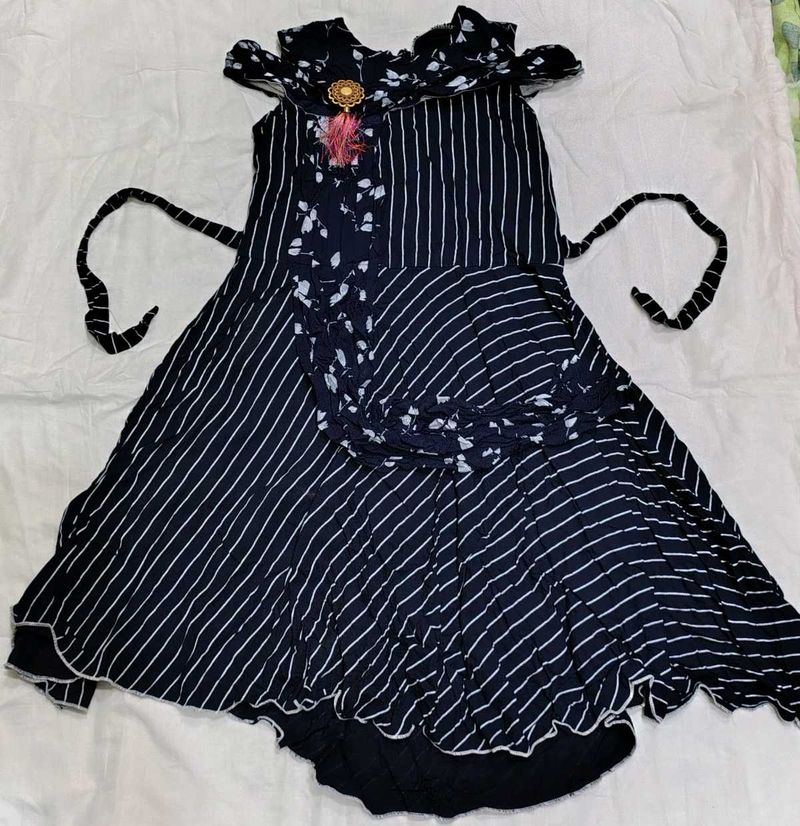 Striped Girls Dress with Floral Accent