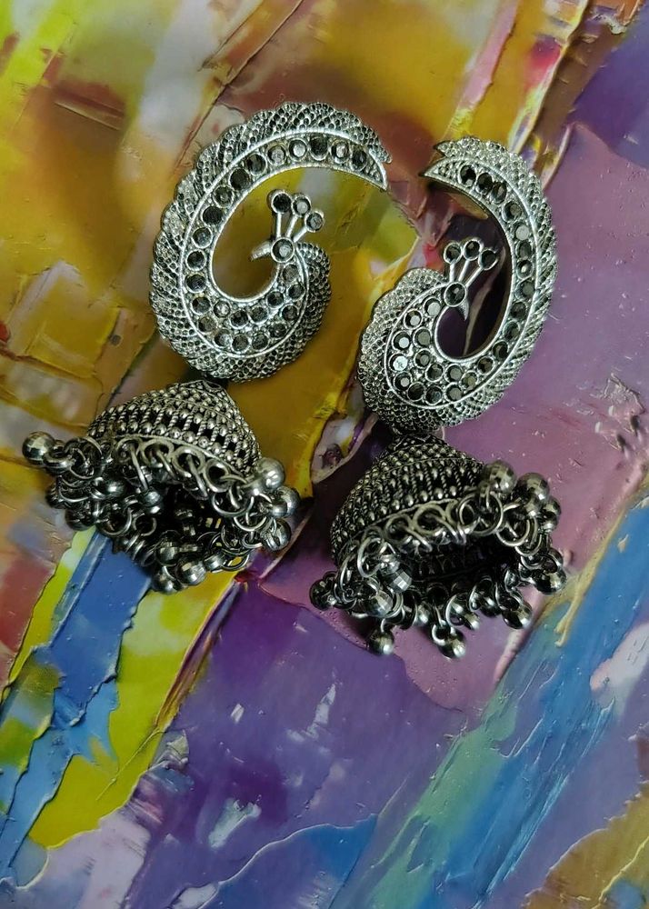 Silver Peacock Jhumka Earrings