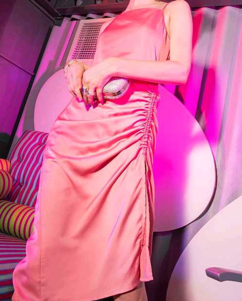 Pink Solid Strappy Midi Dress