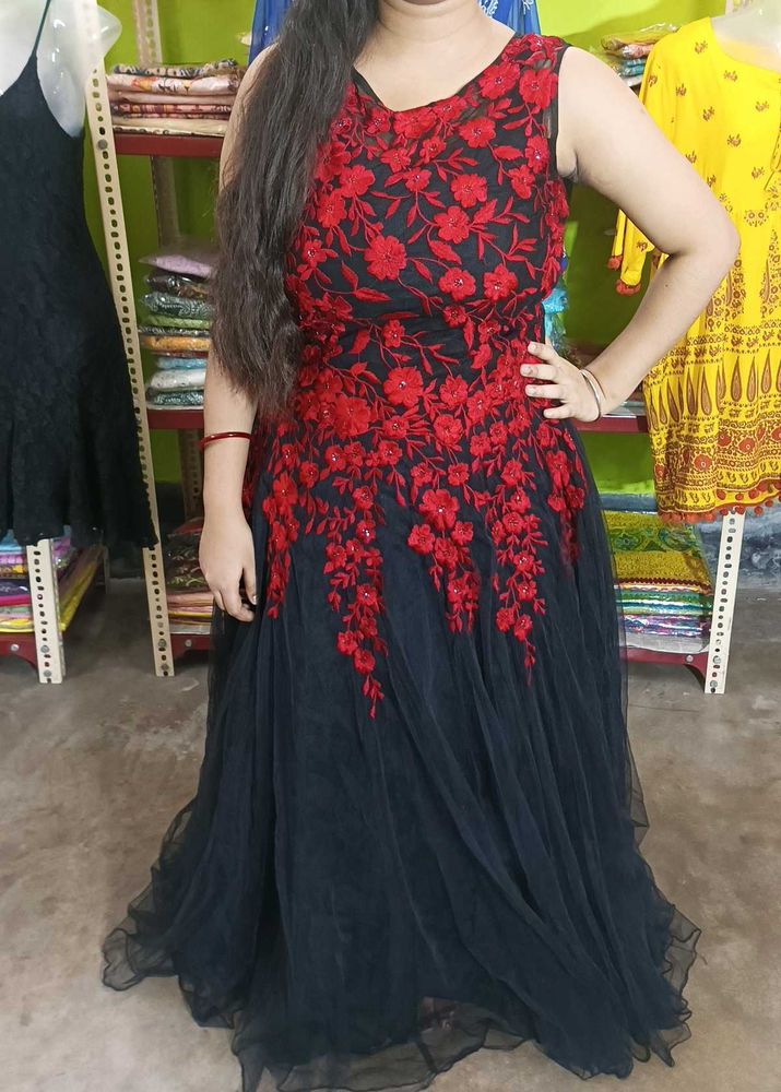 Black Net Gown With Embroidery