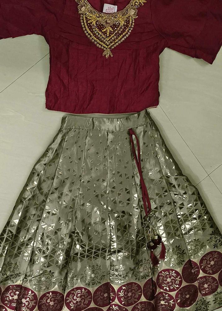 Girls Festive Maroon &amp; Gold Lehenga Set