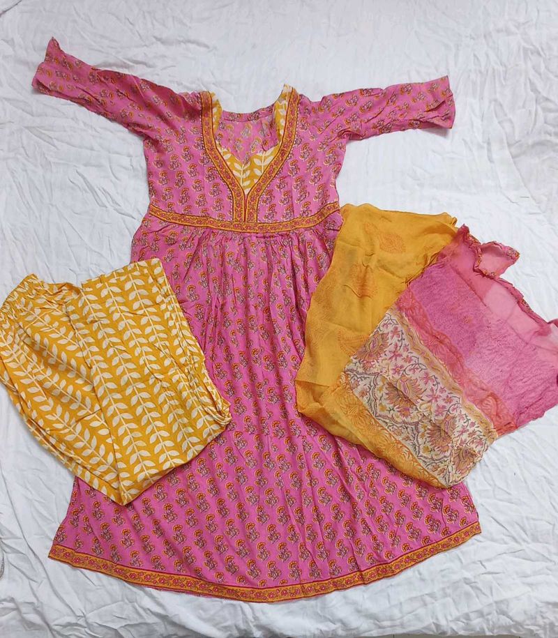 Pink Yellow Side Slitt Frock