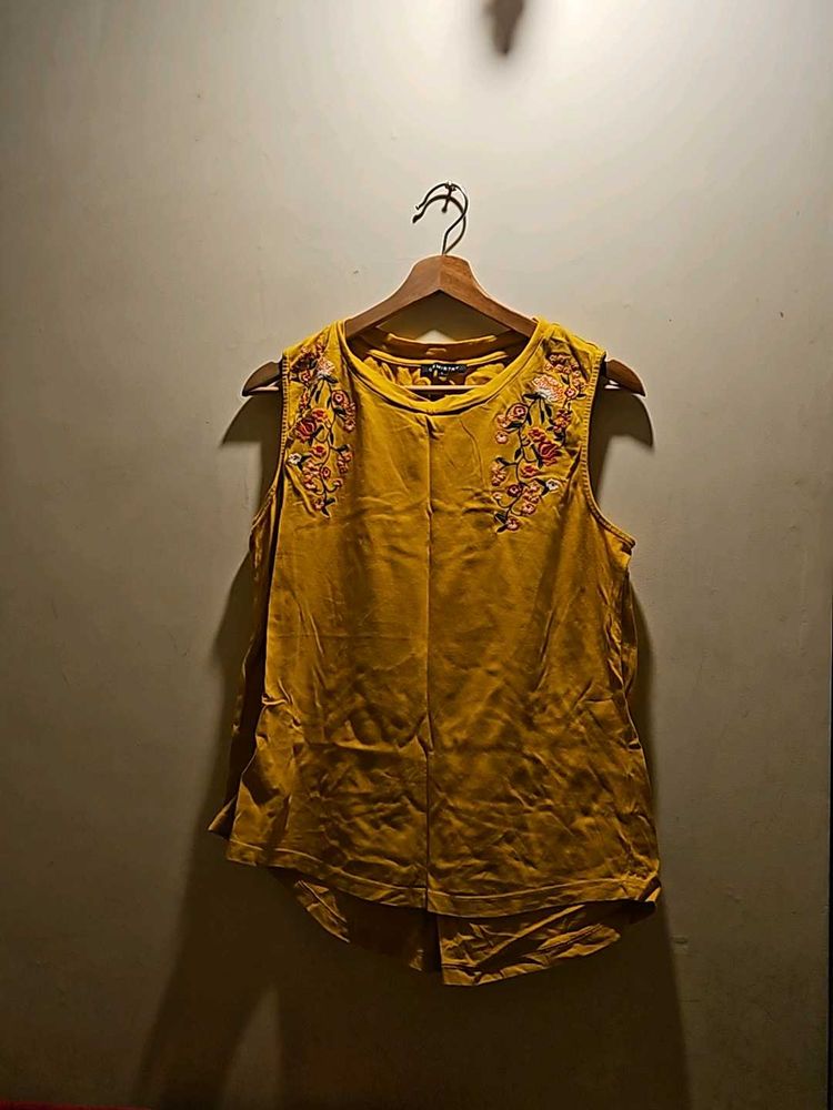 Mustard Sleeveless Embroidered Hi-Low Top