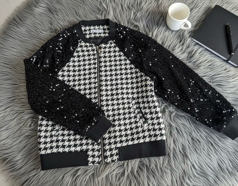 Houndstooth Sequin Bomber Jacket