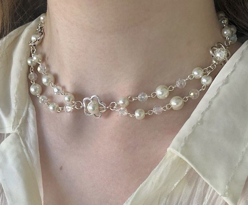 Pearl &amp; Crystal Double Strand Choker