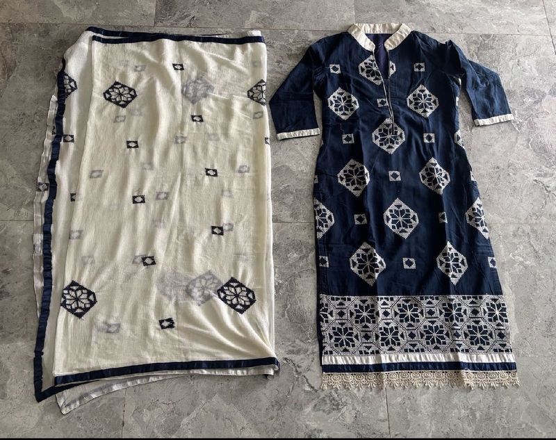 Elegant Navy Blue and White Embroidered Kurta Set
