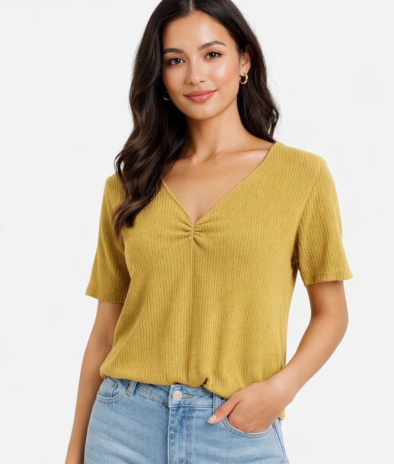 Mustard V-Neck Ribbed T-Shirt