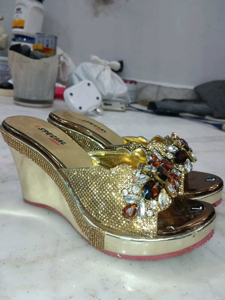 Gold Jeweled Wedge Sandals