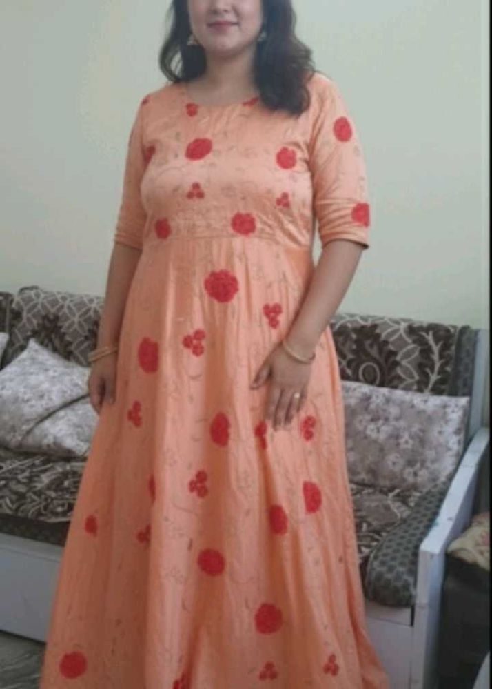Peach Floral Embroidered Gown