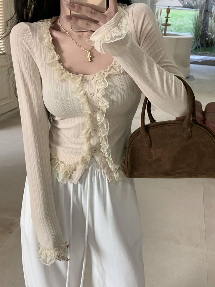 Korean Elegant White Ruffle Top