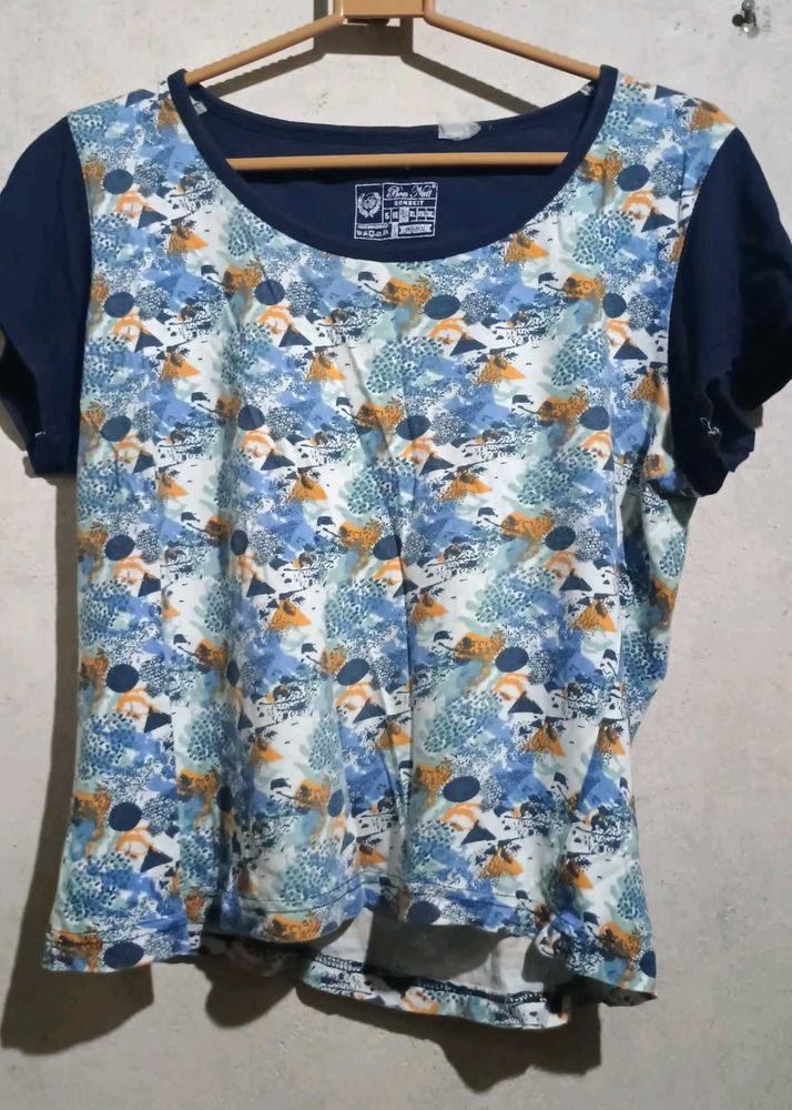 Abstract Print Tee with Navy Sleeves