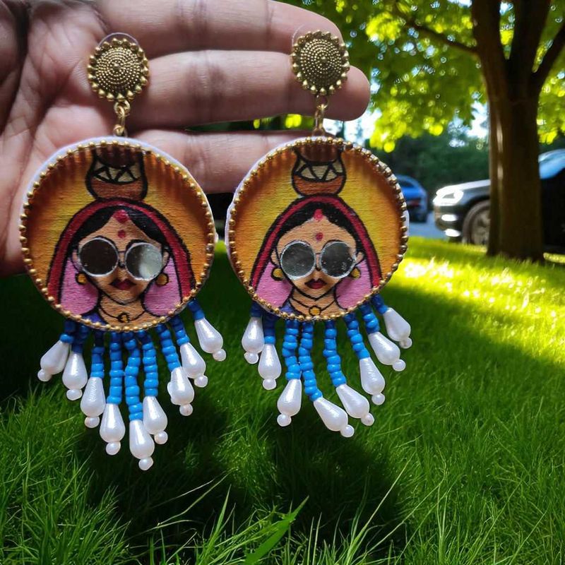 Mirror Work Hand painted Fabric Earrings