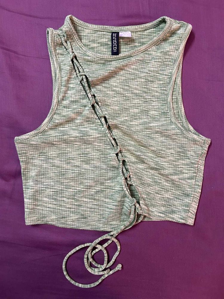Sage Green Lace-Up Ribbed Crop Top