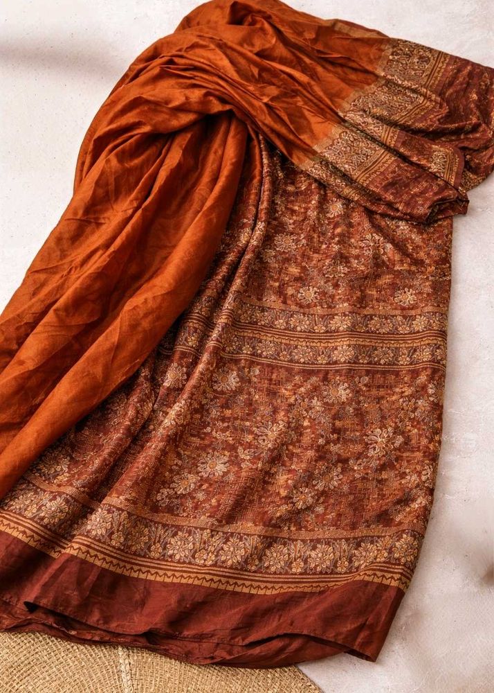 Rust Orange Brown Printed Designer Saree