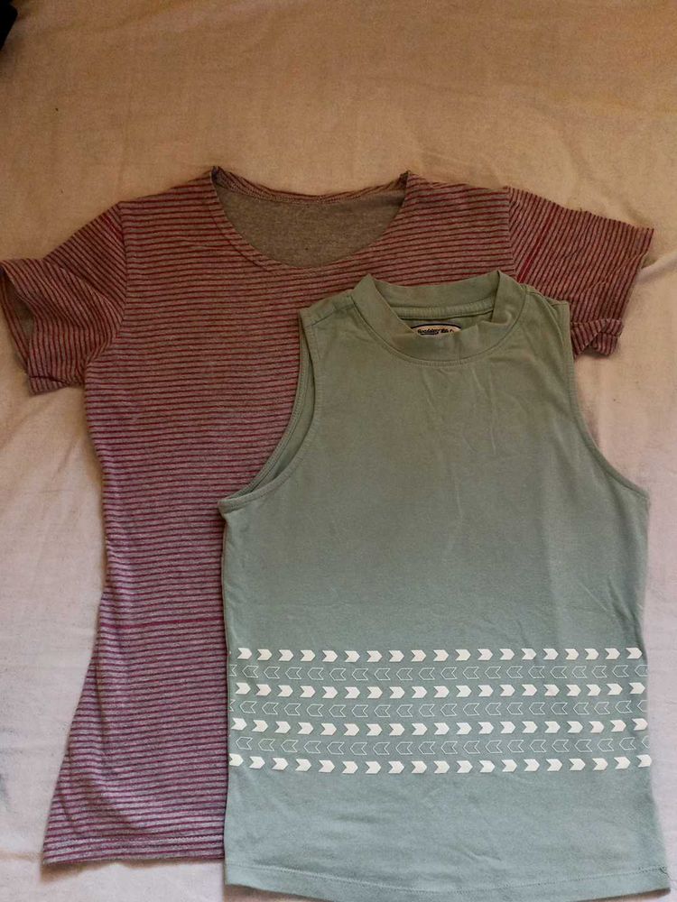 Mint green And Pink Stripped T Shirt Combo XS