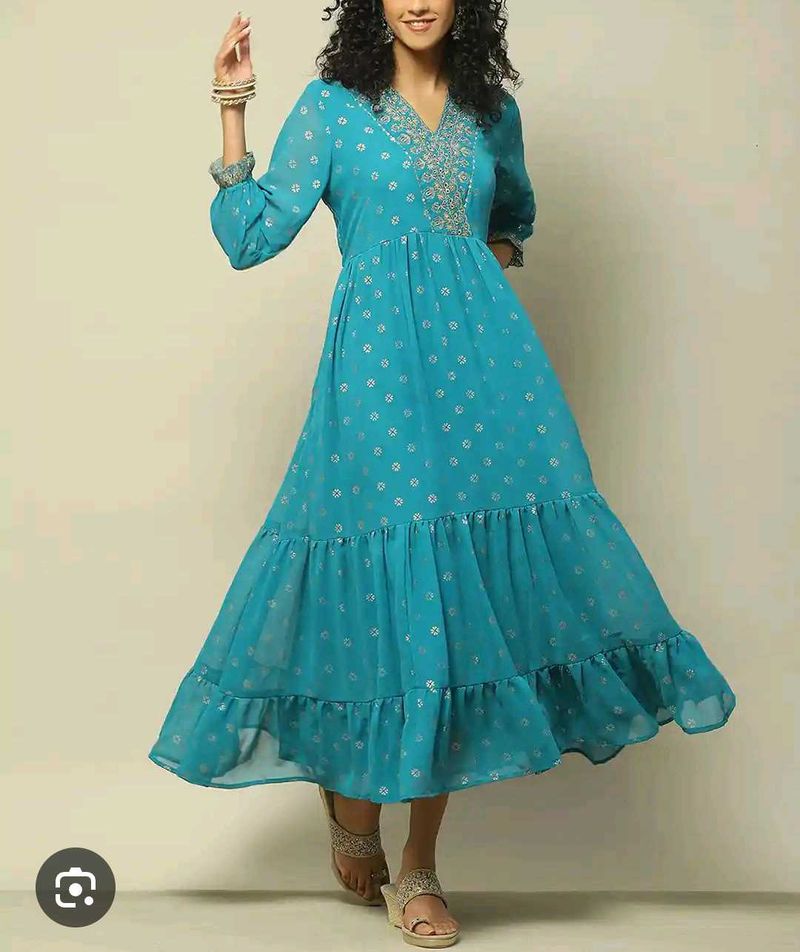 Rangriti Blue Printed Tiered Dress