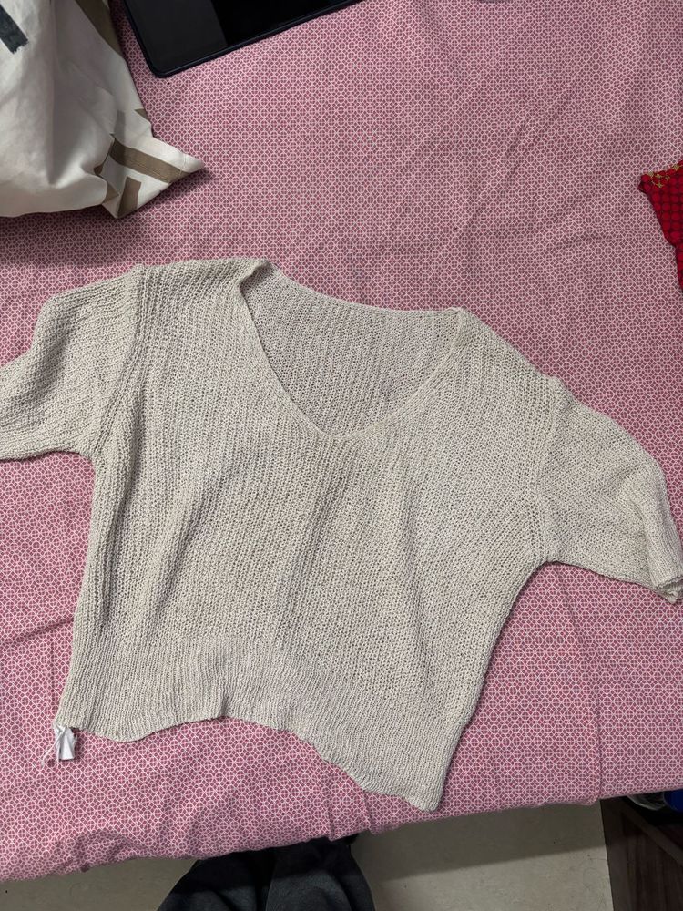 Beige Knit V-Neck Top