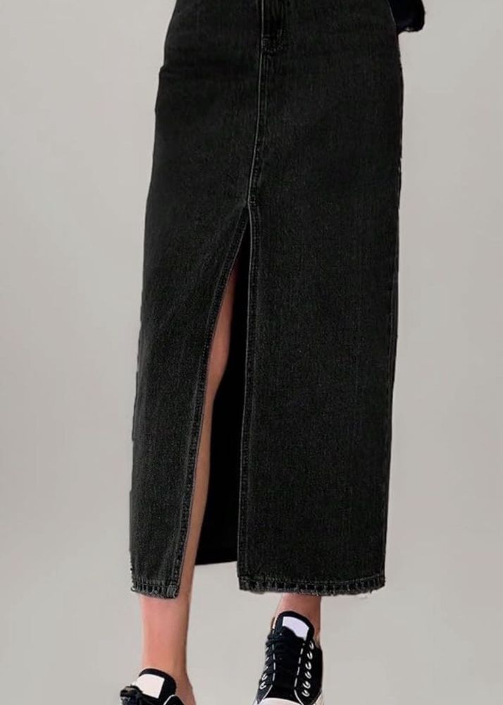 Black Denim Slit Midi Skirt