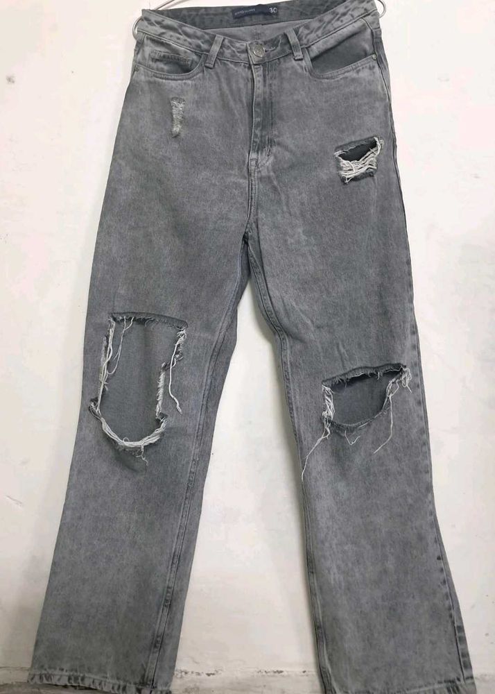 Grey Ripped Wide Leg Jeans