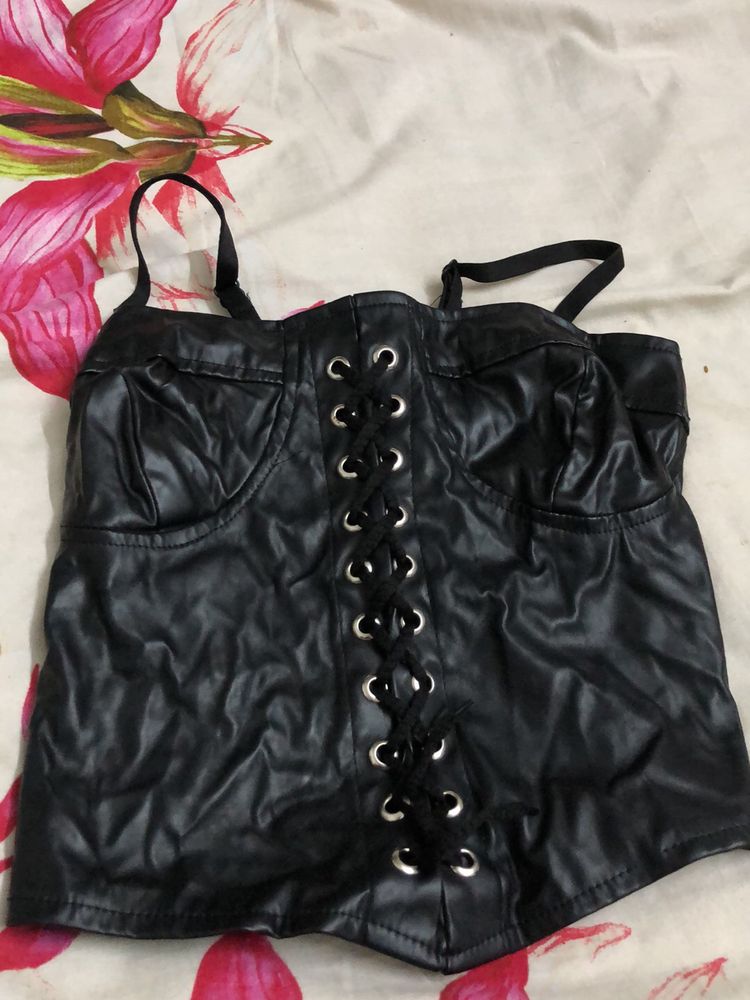 Black Corset Leather Crop Top