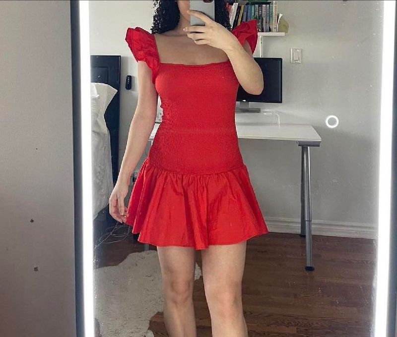Zara Boho Cotton Bright Red Ruffles Smocked