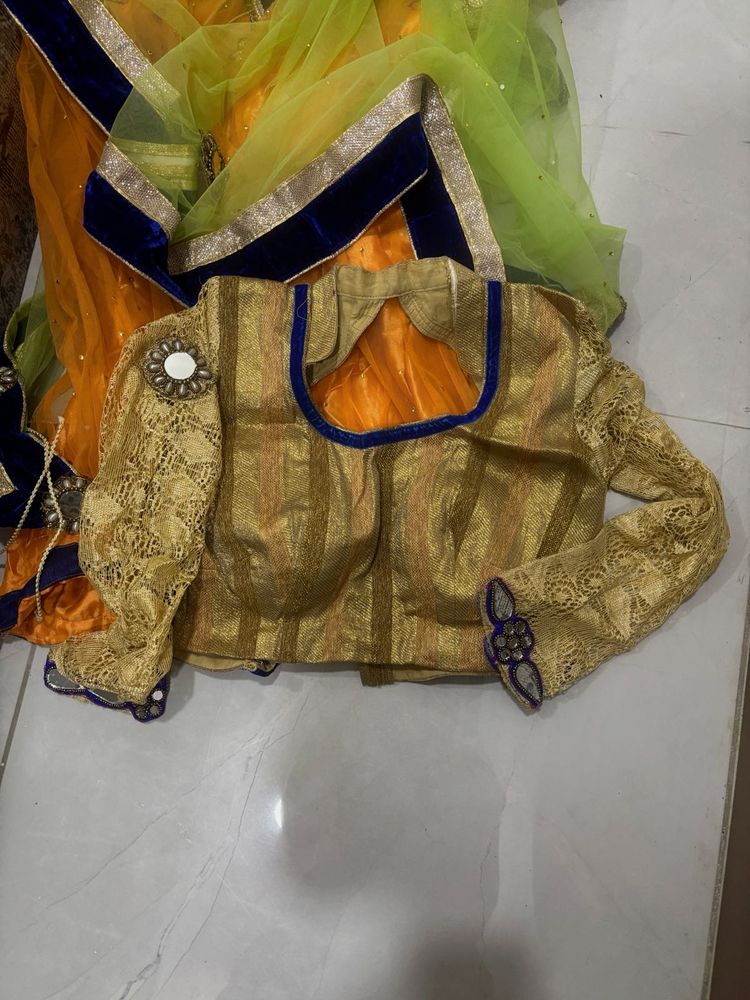 Vibrant Golden Blouse &amp; Green Orange Ethnic Set