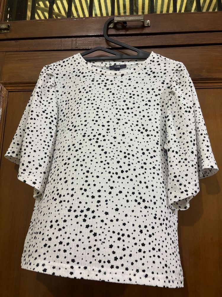 White Polka Dot Flared Sleeve Top – Size XL