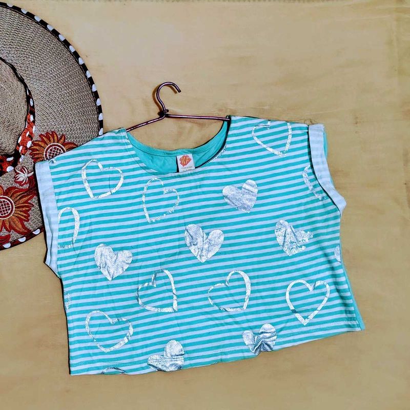 Cyan Crop Top with Silver Heart Print | Fits S-M