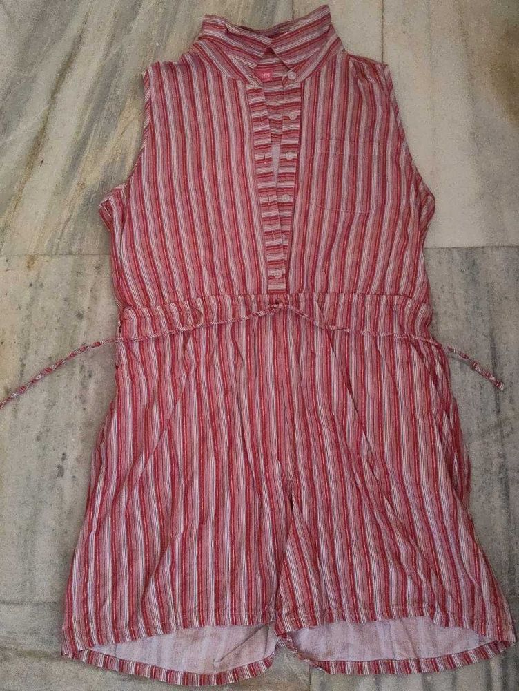 Red Striped Sleeveless Knee length Jumpsuit