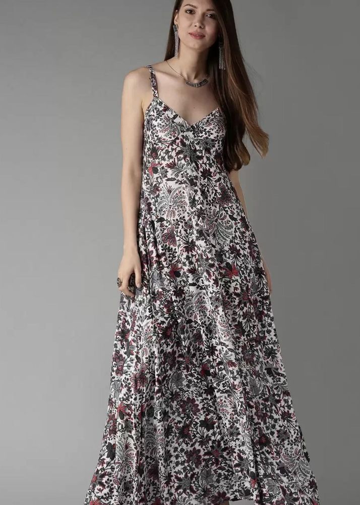 HERE&amp;NOW Women White &amp; Navy BluePrinted Maxi Dress