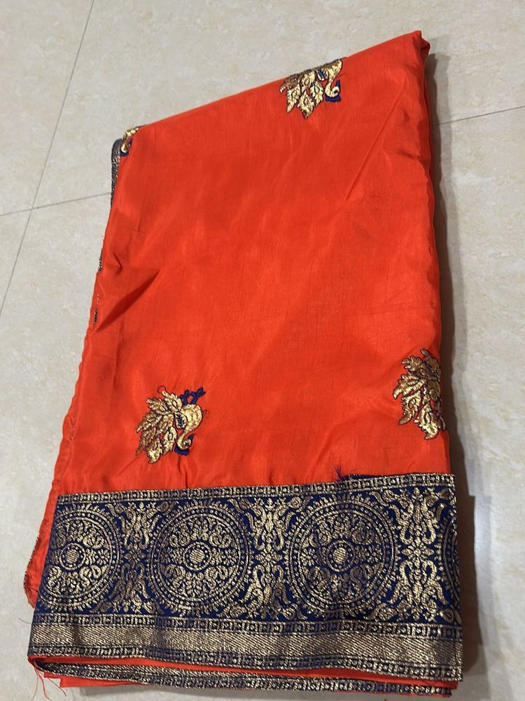 Cotton Blend Orange Saree