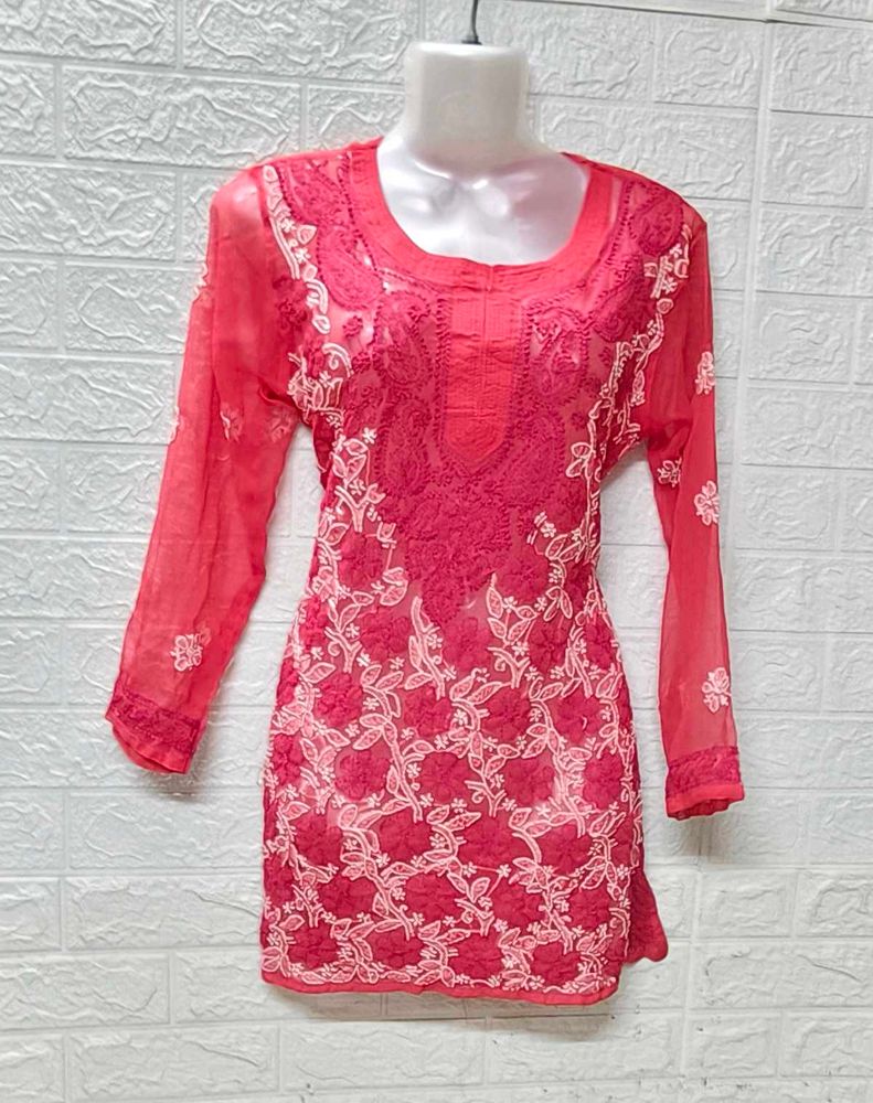 Hand Chikankari Tamato Red Top/ Short Kurta